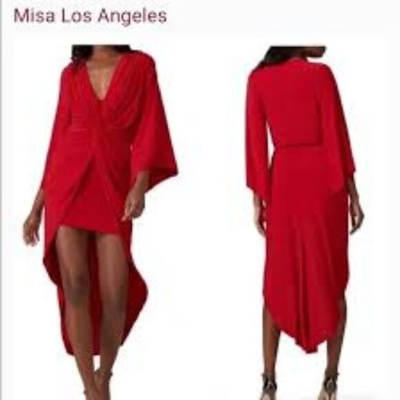Misa Los Angeles Long Sleeve High Low Cocktail Holiday Formal Party Dress, Red - Picture 4 of 14